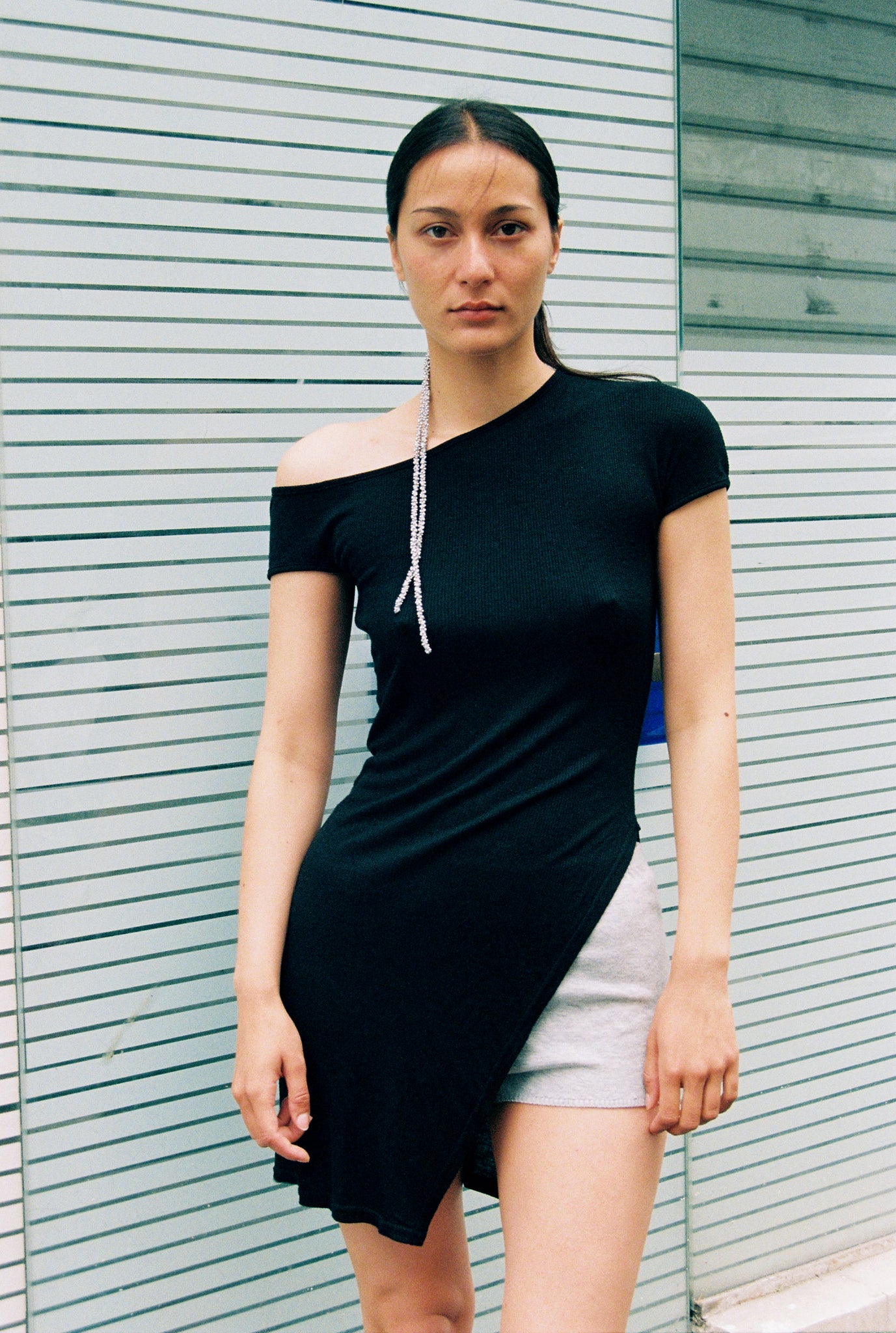 black asymmetric top- off the shoulder - long- silk jersey - short sleeve - ribbed