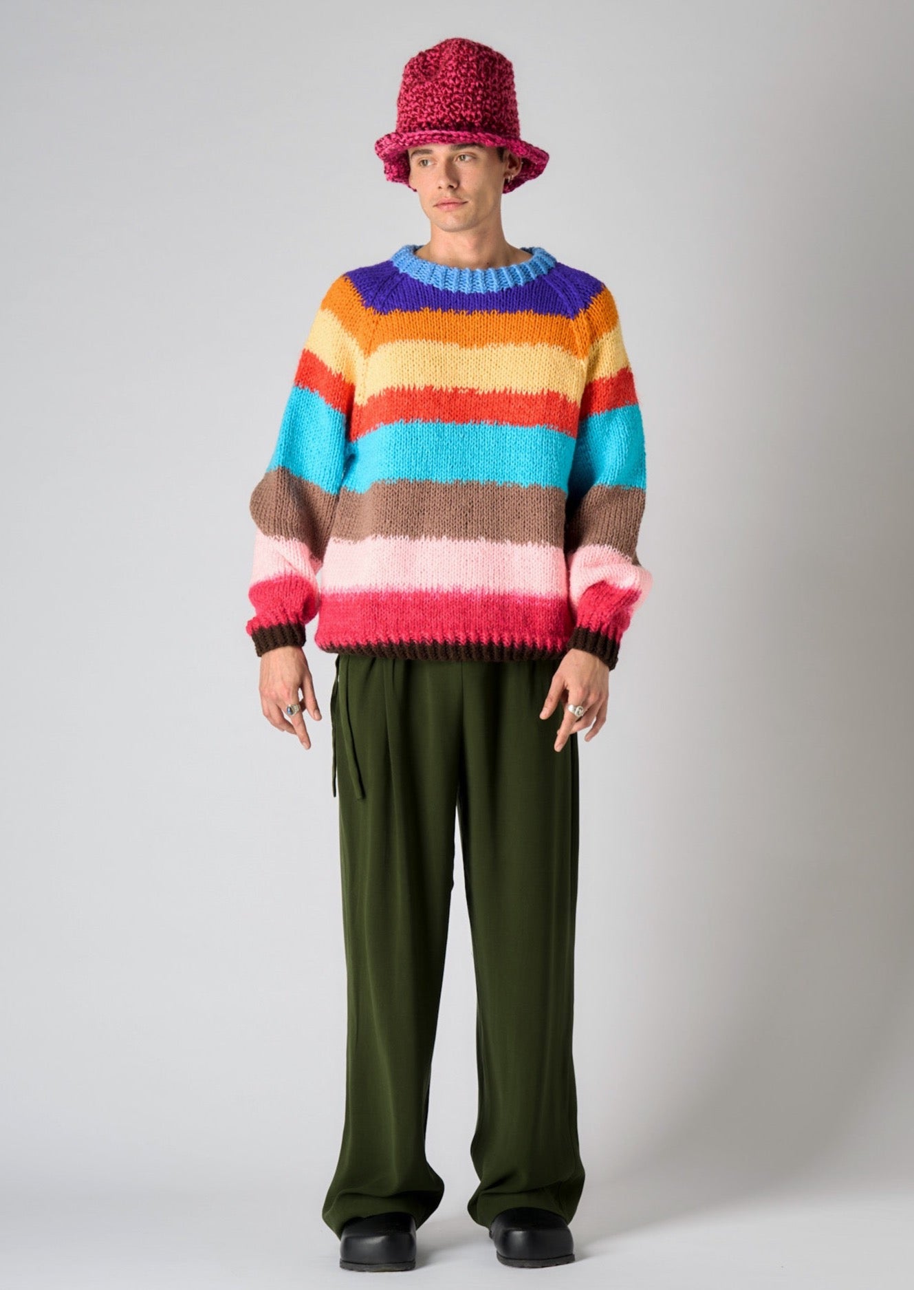 Rainbow Jumper - yilou -hand knitted - hand made - made in france - rainbow - sustainable jumper - blue - red - yellow - brown - pink