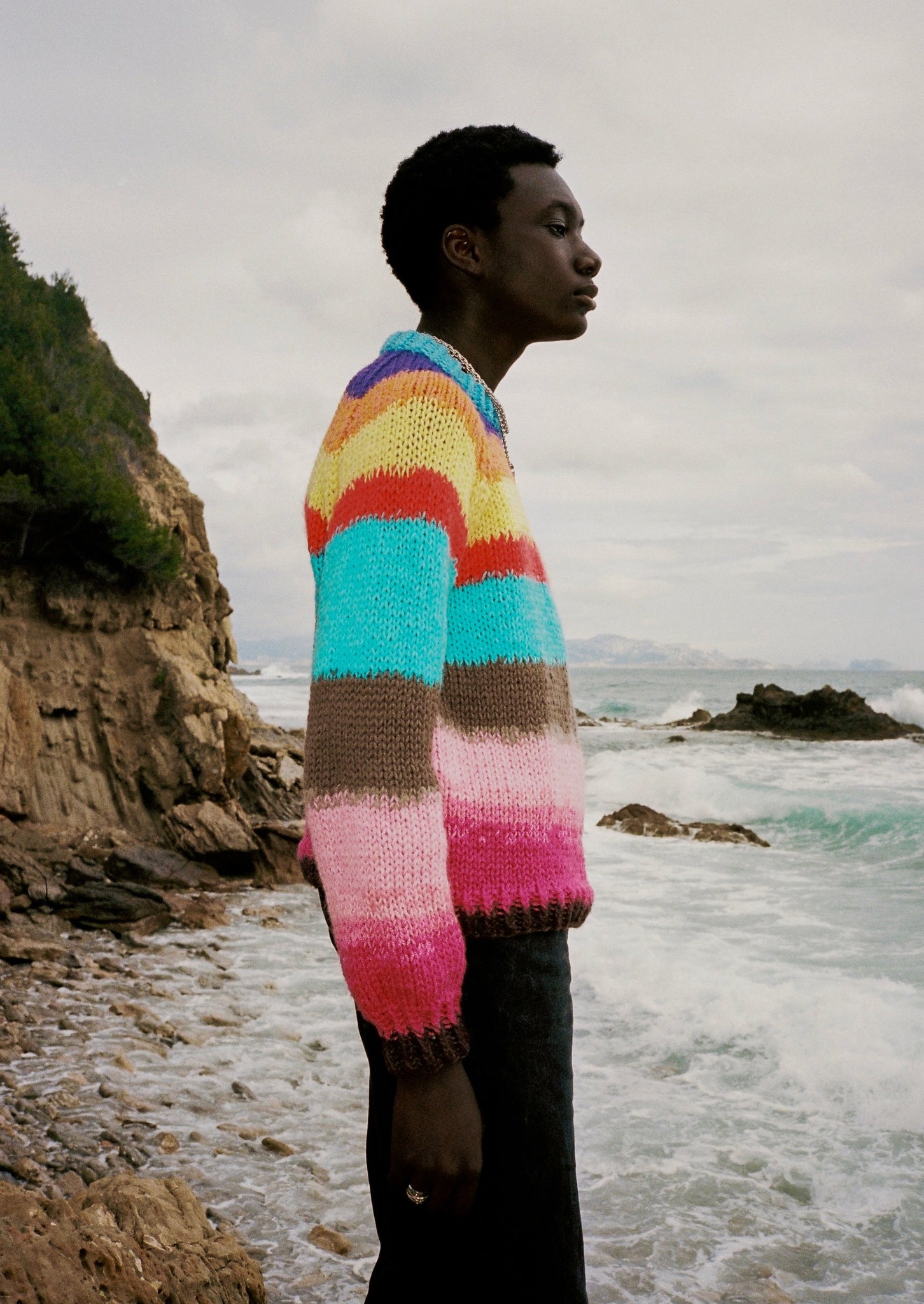 Rainbow Jumper - yilou -hand knitted - hand made - made in france - rainbow - sustainable jumper - blue - red - yellow - brown - pink