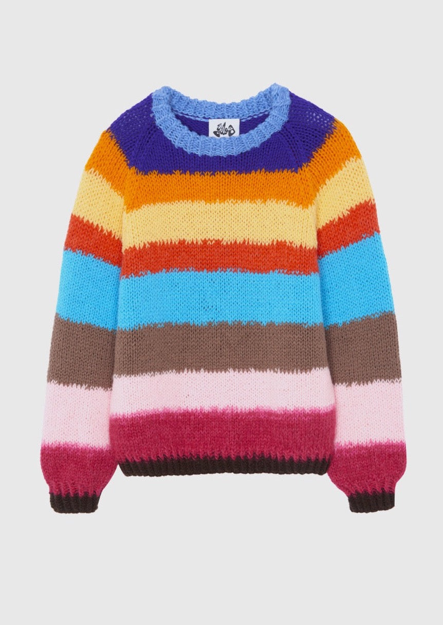 Rainbow Jumper - Yilou -hand knitted - hand made - made in france - rainbow - sustainable jumper - blue - red - yellow - brown - pink